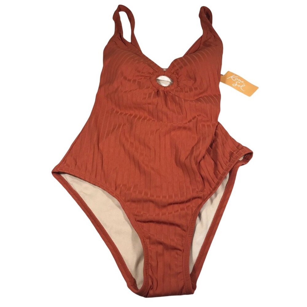 Kona Sol Womens Size Medium 8-10 Swimsuit One Piece Ribbed Cinnamon New